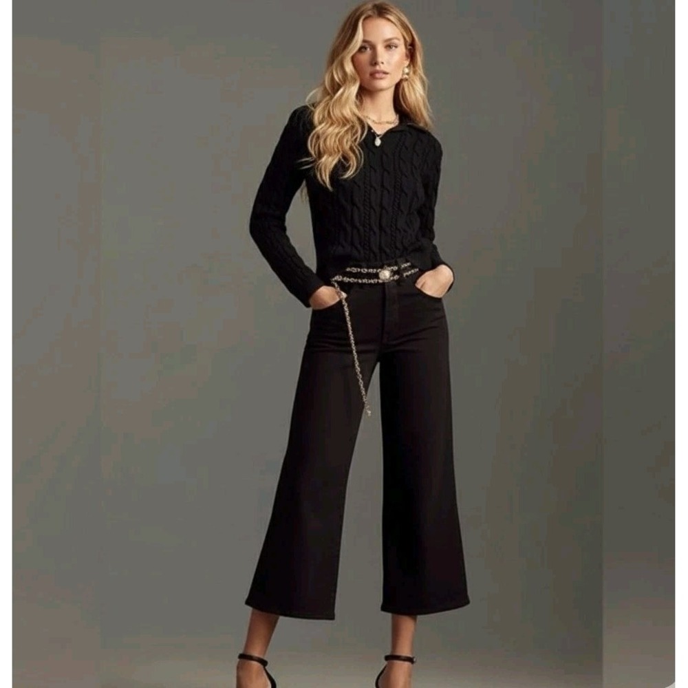 New Good American Black Good Waist Palazzo Crop High Rise Wide Leg Jeans 6/28